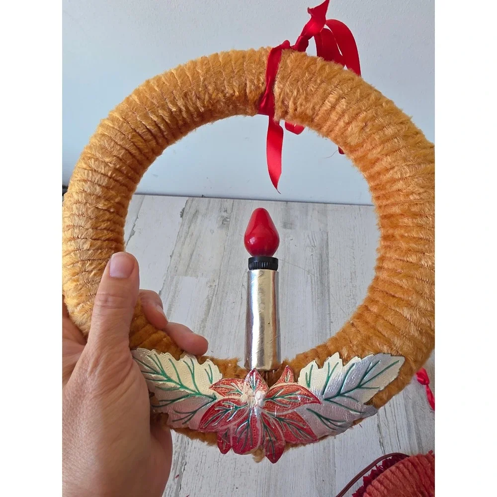 Vintage chenille orange candle wreath hanging Xmas decor working light decor is